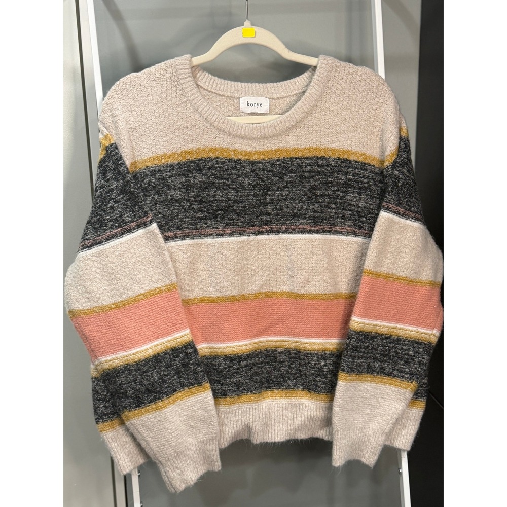 Korye Womens XL Striped Crewneck Sweater Beige Pink Grey Yellow Cozy Boho